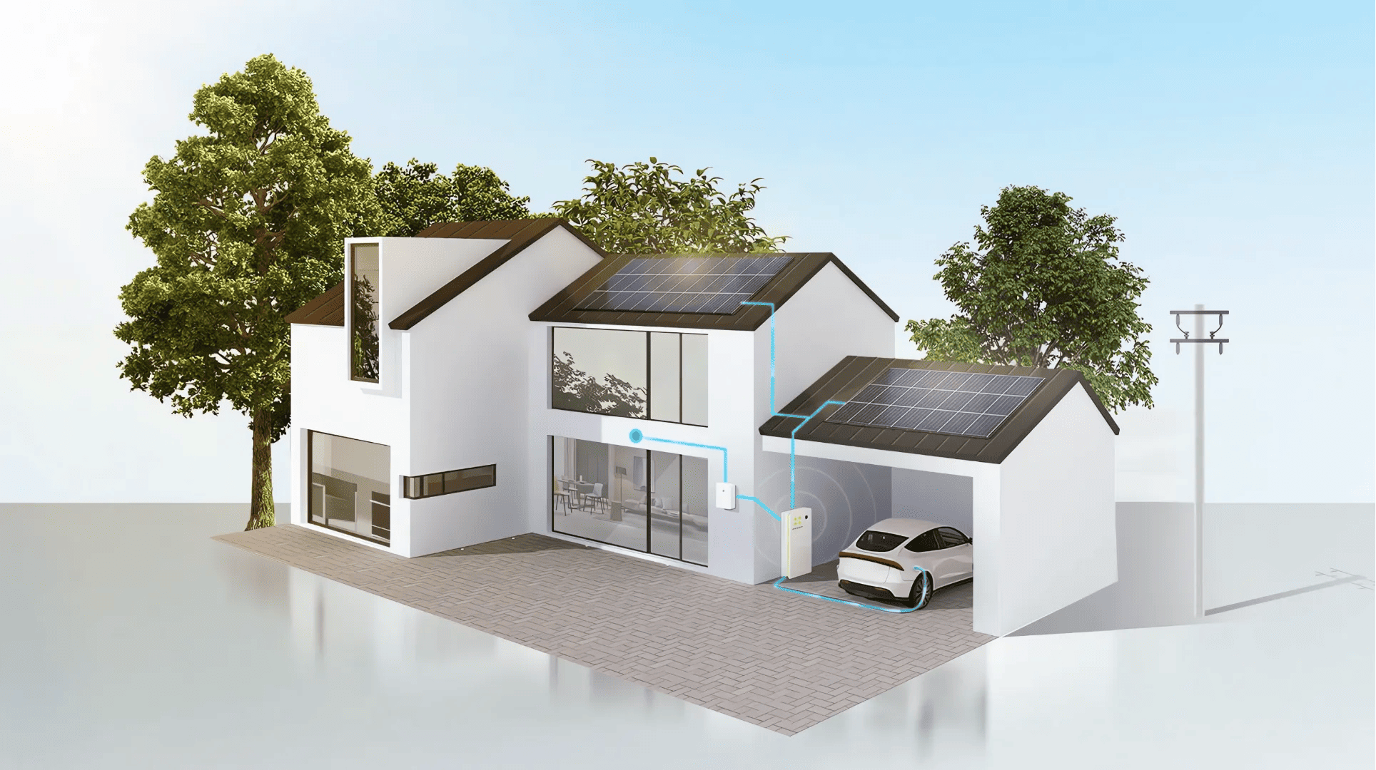 Een geanimeerde visualisatie van hoe de groene stroom van de zonnepanelen op het dak naar de Energreen Power Store thuisbatterij van gaat om daar opgeslagen te worden en om vervolgens het gehele huis van stroom te voorzien